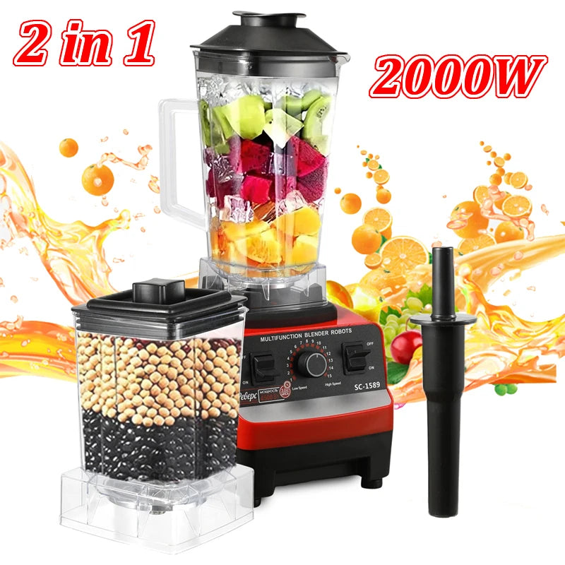 2000W due Commercial Blender Stationary Food Processor Ice cookies for Food 2-in-1 High Power Juicer Blender