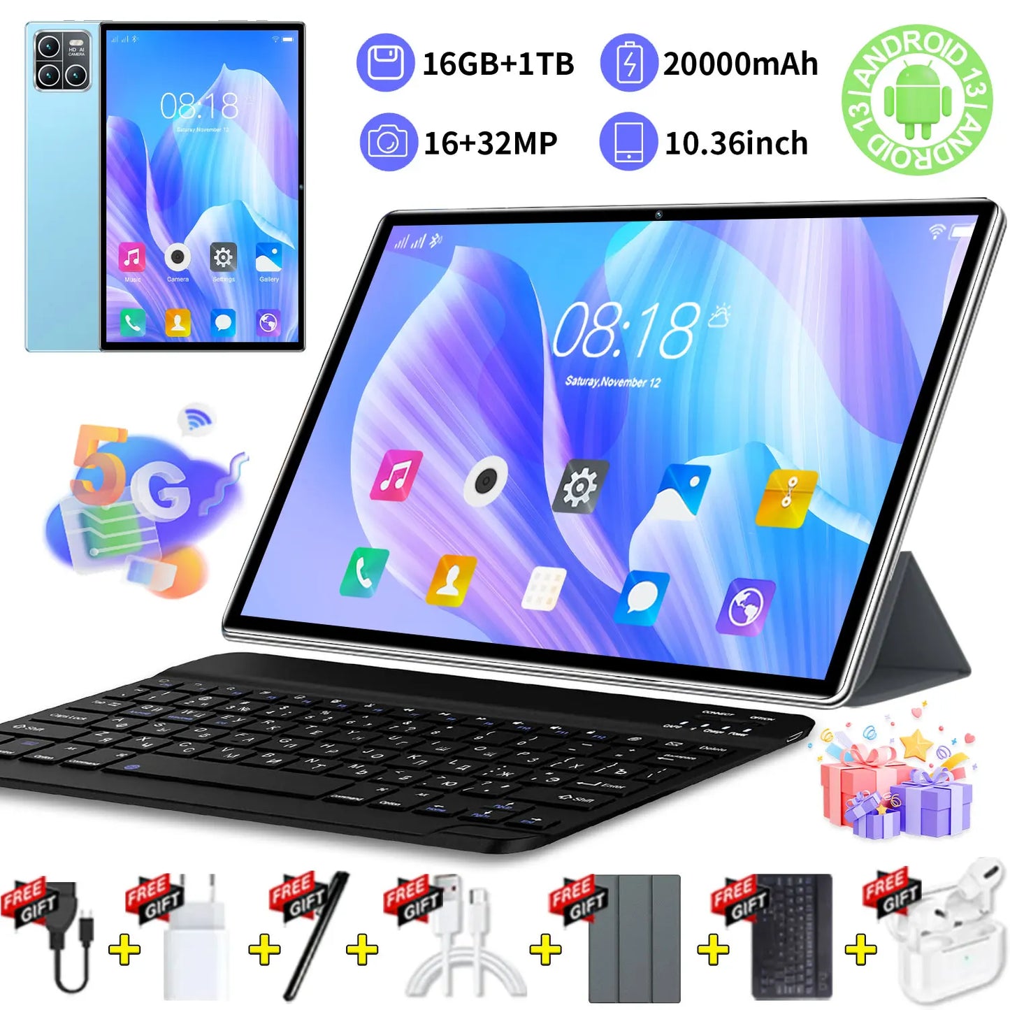 Android Tablet 13 10.36 Inch Google Play 14 Core Dual Cameras SIM 5G Tablet Pc Bluetooth 16GB + 1TB ROM