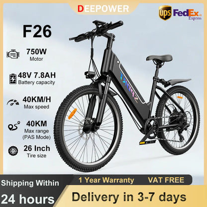 DEEPOWER F26 Electric Bike 48V 7.8AH 750W Adult Electric Bicycle 26 Inch LED Display Mountain Ebike