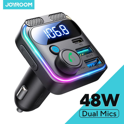 JOYROOM 48W Bluetooth 5.3 Car FM Transmitter Dual Mics PD&QC 3.0 Car Fast Charging Charger Adapter U Disk Hands-Free Calling