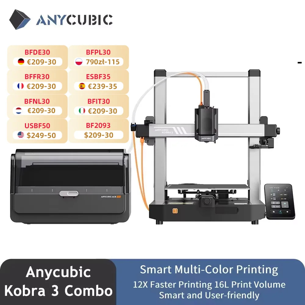 ANYCUBIC Kobra 3 Combo AE Version Multi-Color FDM 3D Printer Max 600mm/s Printing Speed Build Size 250x250x260mm
