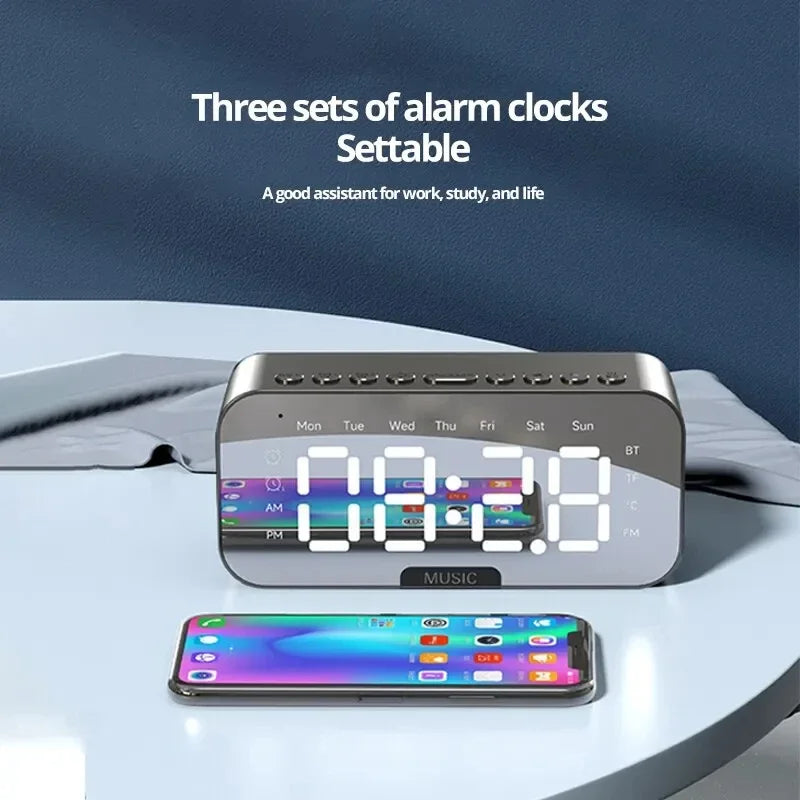 1pc LED Digital Alarm Clock with Bluetooth ,Speaker Mirror Bedroom Office Decor Table Screen Temperature FM Radio
