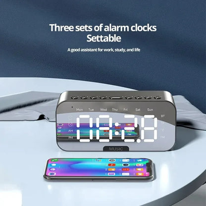 1pc LED Digital Alarm Clock with Bluetooth ,Speaker Mirror Bedroom Office Decor Table Screen Temperature FM Radio