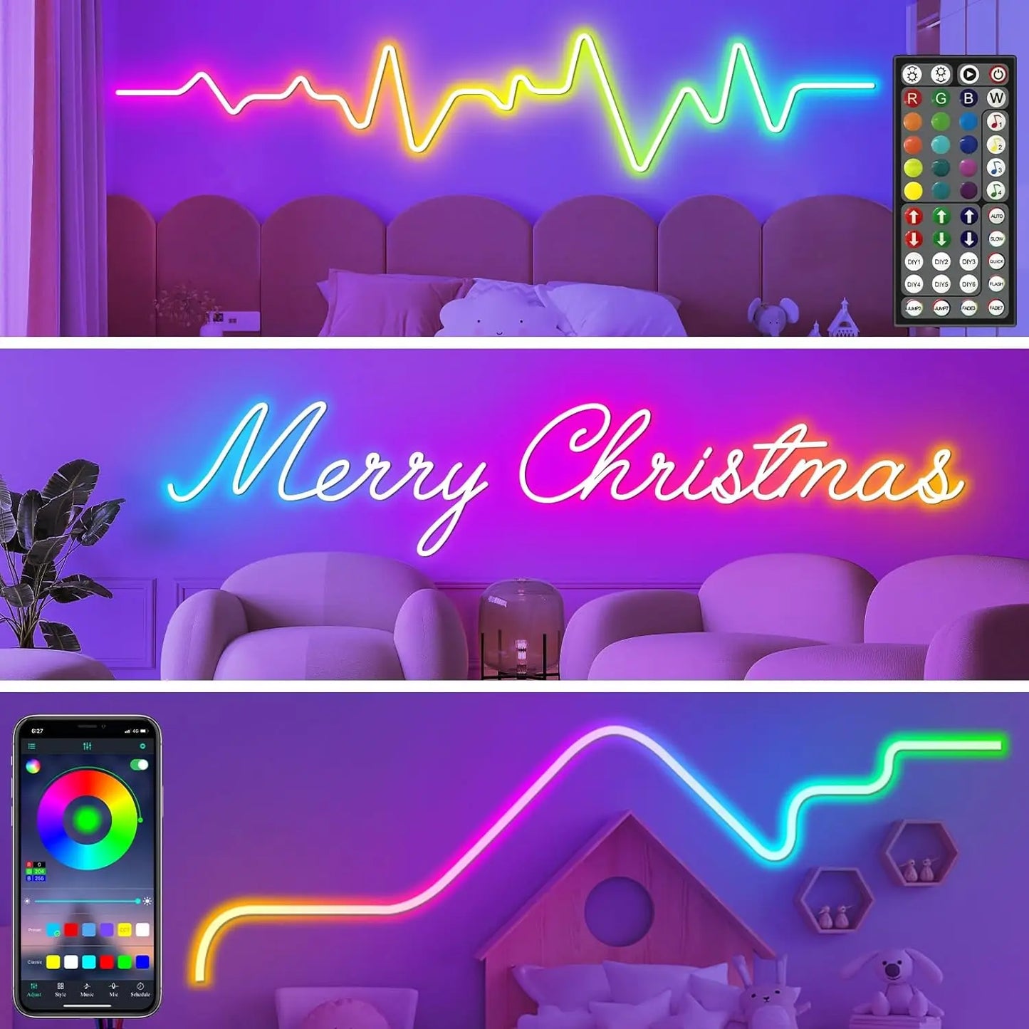 Neon Rope Lights,Flexible Led Rope Lights Control with App/Remote,Multiple Modes Rope Lights,IP65 Outdoor RGB Led Neon Lights Wa