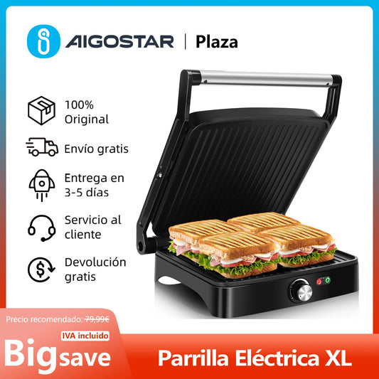 Electric sandwich grille and Panini machine, non-stick coating, temperature regulator, 180 ° opening, floating top plate, BPA free, 1800 W