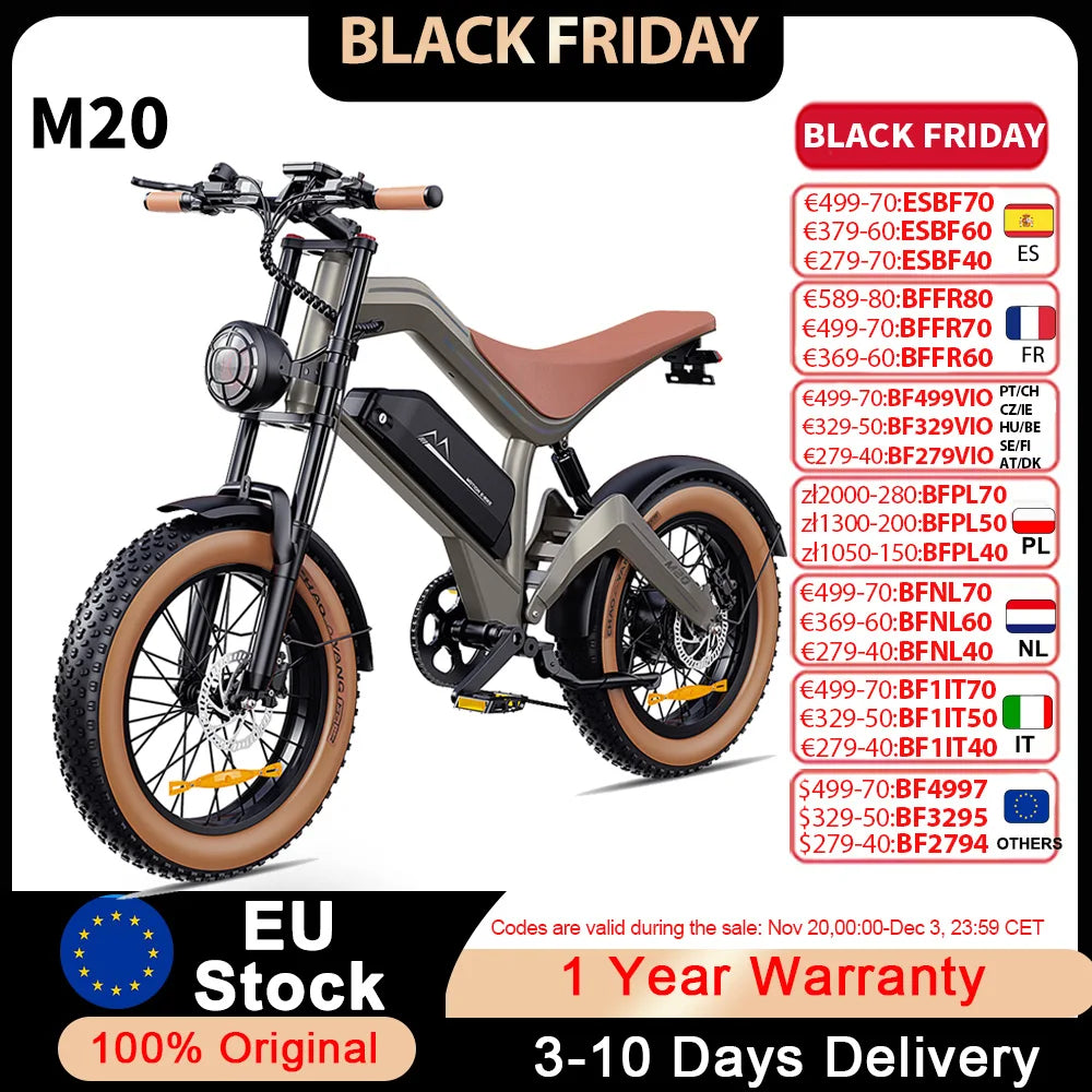M20 1500W Adult Electric Bike 55 km/h Max Speed Hydraulic Brake Electrical Road Bicycle 48V15Ah MTB E-bike 20-Fat Mountain Ebike