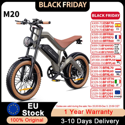 M20 1500W Adult Electric Bike 55 km/h Max Speed Hydraulic Brake Electrical Road Bicycle 48V15Ah MTB E-bike 20-Fat Mountain Ebike