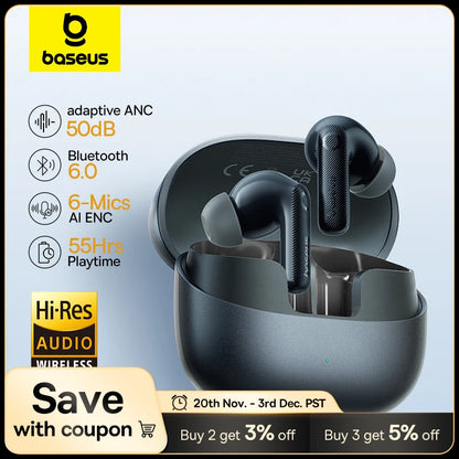Baseus EP10 Pro ANC Earbuds Wireless Bluetooth 6.0 Earphones 50dB Realtime Adaptive Headphones 6 Mic Hi-Res LDAC IP55  Ear buds