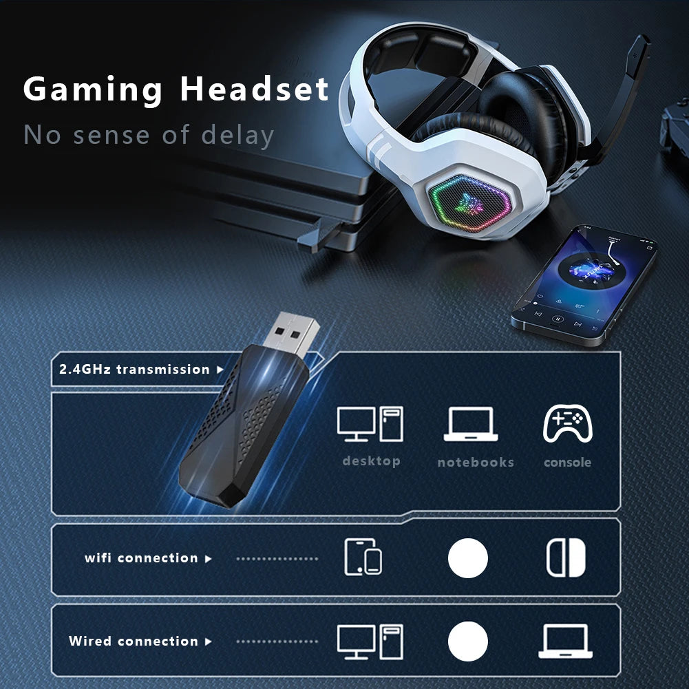 Wireless Gaming Headset 2.4GHz/BT 5.3/Wired Gaming Headphones with Mic Gamer Headphones RGB Light for PS4/PC/Laptop